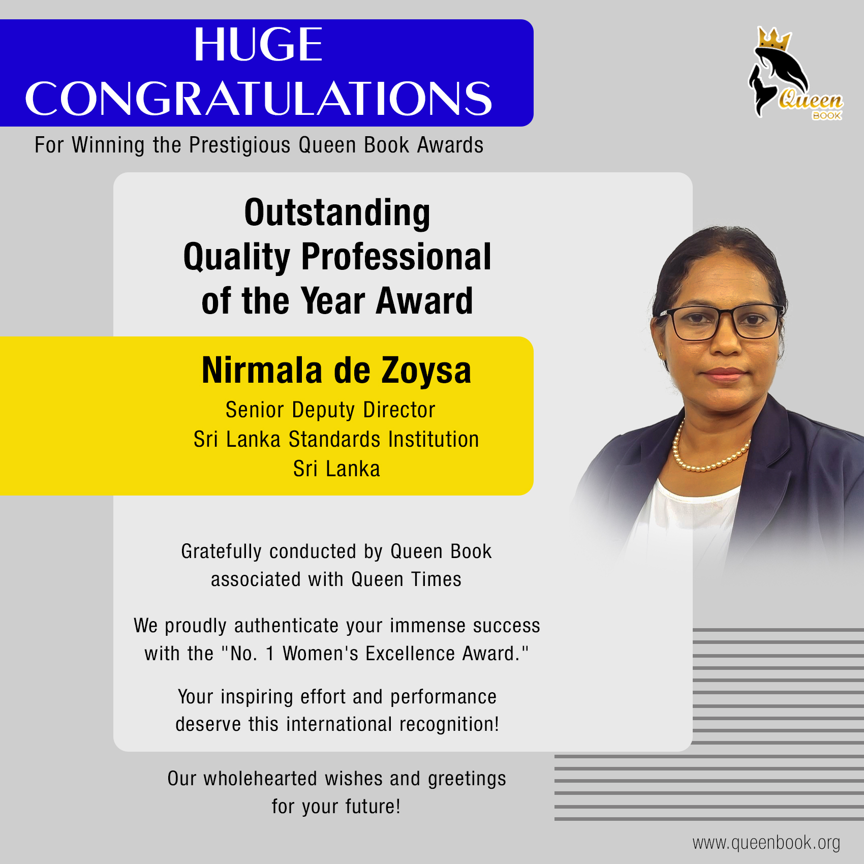 Nirmala de Zoysa has won Outstanding Quality Professional of the Year Award